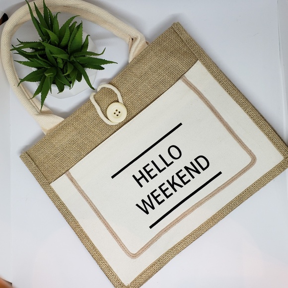 NWT HELLO WEEKEND Woven Tote, White - Picture 6 of 6